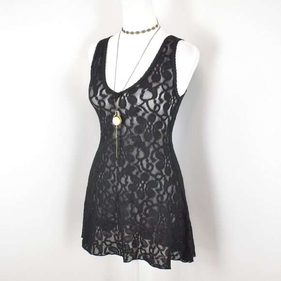 VTG 00s Y2K Black Floral Sheer Mesh Lace Scoop Neck Babydoll Slip Tank Top Sz M - Picture 2 of 6